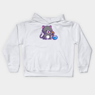 Cute Cat Catching Fish In Aquarium Cartoon Kids Hoodie